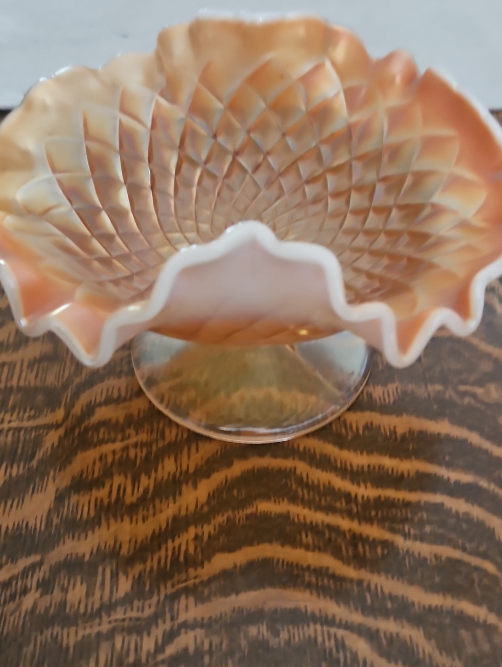Folding Fan Peach Carnival Glass Pedestal Bowl